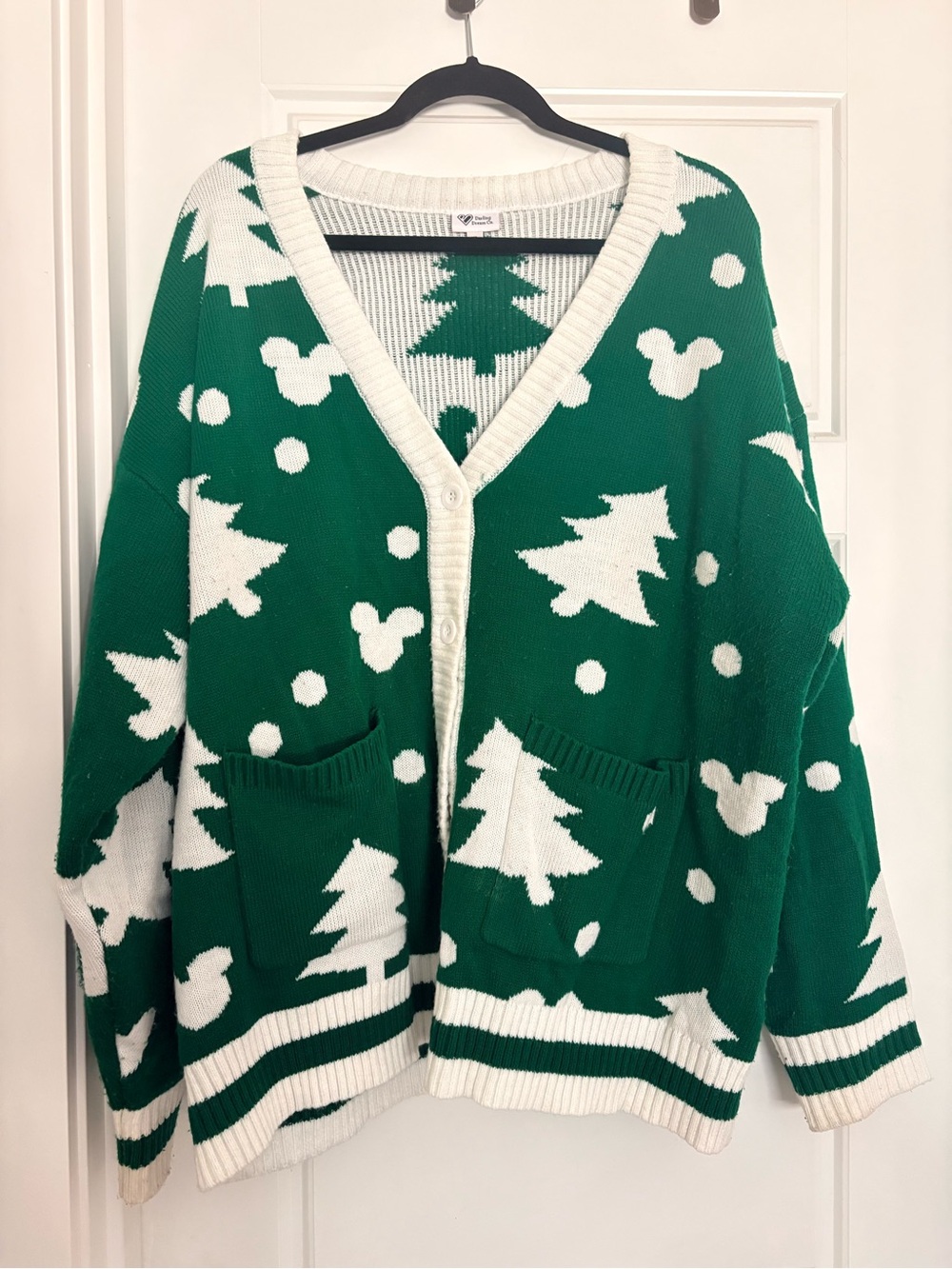Green and White Mickey Mouse Christmas Tree Cardigan Sweater